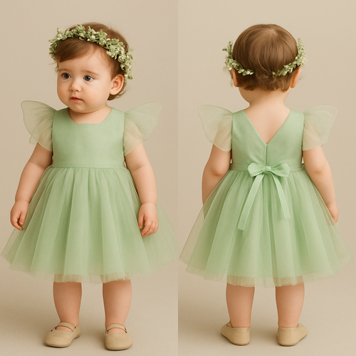 一歳の女の子着用画
優しいグリーンの妖精みたいなドレス
ヘッドアクセサリーもつけて