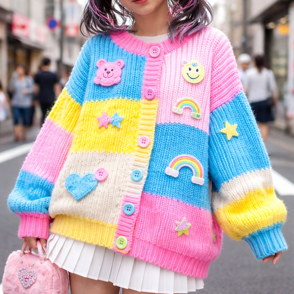 cute chunky neon candy land board game sweater
Japanese Street fashion design: Oversized cotton sweater, chunky knit, neon pink, blue, and yellow blocks. Loose fit, playful patches, and mismatched buttons.
