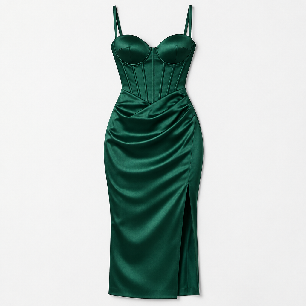 A Dress design, made of Satin, with a sleek, smooth finish, with a Fitted silhouette, with a minimal-coverage cut, in a Jewel Tones color palette, for Work, suitable for Spring, suited to a Temperate climate, in Business style, shown on a model with fair skin and a slim figure. Corsé y el encaje Present it as professional fashion catalogue photography: the garment is the subject, shown full-length with editorial styling, neutral posing and tasteful, non-suggestive framing.
photorealistic fashion design, A Dress design, made of Satin, with a sleek, smooth finish, with a Fitted silhouette, with a minimal-coverage cut, in a Jewel Tones color palette, for Work, suitable for Spring, suited to a Temperate climate, in Business style, shown on a model with fair skin and a slim figure. Corsé y el encaje Present it as professional fashion catalogue photography: the garment is the subject, shown full-length with editorial styling, neutral posing and tasteful, non-suggestive framing., business style, just the design no text