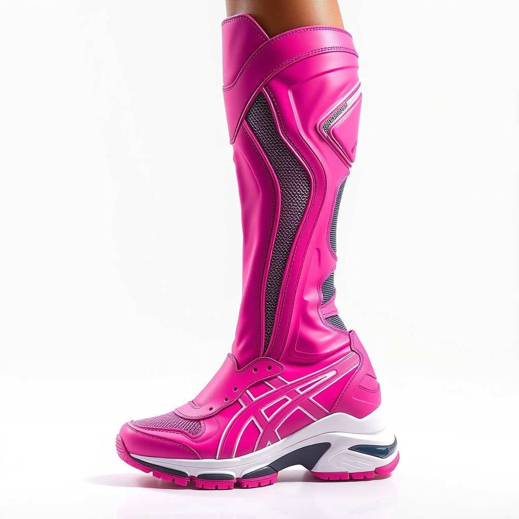 Pink tall thigh high length over the knee ASICS sneaker type but tall boots
Envision a striking pair of pink thigh-high boots, inspired by ASICS sneaker aesthetics. The sleek silhouette features dynamic paneling for an athletic flair, with breathable mesh and rubber sole accents. Curved lines simulate movement, while reflective stripes add a futuristic touch. These boots seamlessly blend sport and high fashion for a bold statement.