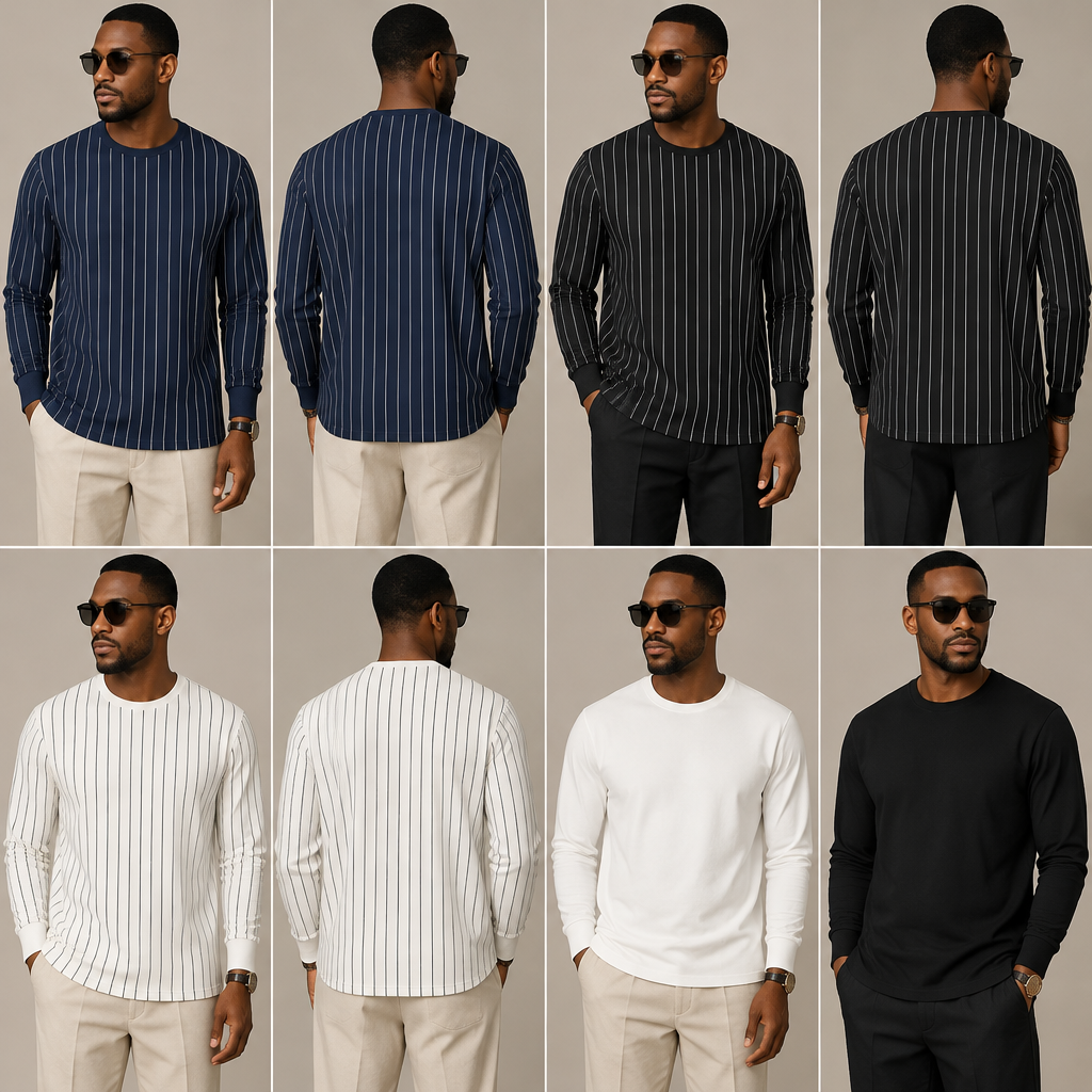photorealistic fashion design, A Male Dress design, made of Linen, with modest, full coverage: longer hemlines, higher necklines and covered shoulders, suitable for Summer, in Vintage style. a pinstripe dress preferably blue color and preferably blue with white stripe and also a black with white stripes and also a white with black stripes old money style long sleeve we can also go with a black basic top and also a white basic top and a long sleeve white and a long sleeve black. Nigeria fashion aesthetics. Present it as professional fashion catalogue photography: the garment is the subject, shown full-length with editorial styling, neutral posing and tasteful, non-suggestive framing., vintage style, just the design no text, show front and back. Refinement: the I don't mean this long I shouldn't be a gown this is a gown basically what I mean is a T-shirt a long sleeve t-shirt
photorealistic fashion design, photorealistic fashion design, A Male Dress design, made of Linen, with modest, full coverage: longer hemlines, higher necklines and covered shoulders, suitable for Summer, in Vintage style. a pinstripe dress preferably blue color and preferably blue with white stripe and also a black with white stripes and also a white with black stripes old money style long sleeve we can also go with a black basic top and also a white basic top and a long sleeve white and a long sleeve black. Nigeria fashion aesthetics. Present it as professional fashion catalogue photography: the garment is the subject, shown full-length with editorial styling, neutral posing and tasteful, non-suggestive framing., vintage style, just the design no text, show front and back. Refinement: the I don't mean this long I shouldn't be a gown this is a gown basically what I mean is a T-shirt a long sleeve t-shirt, just the design no text