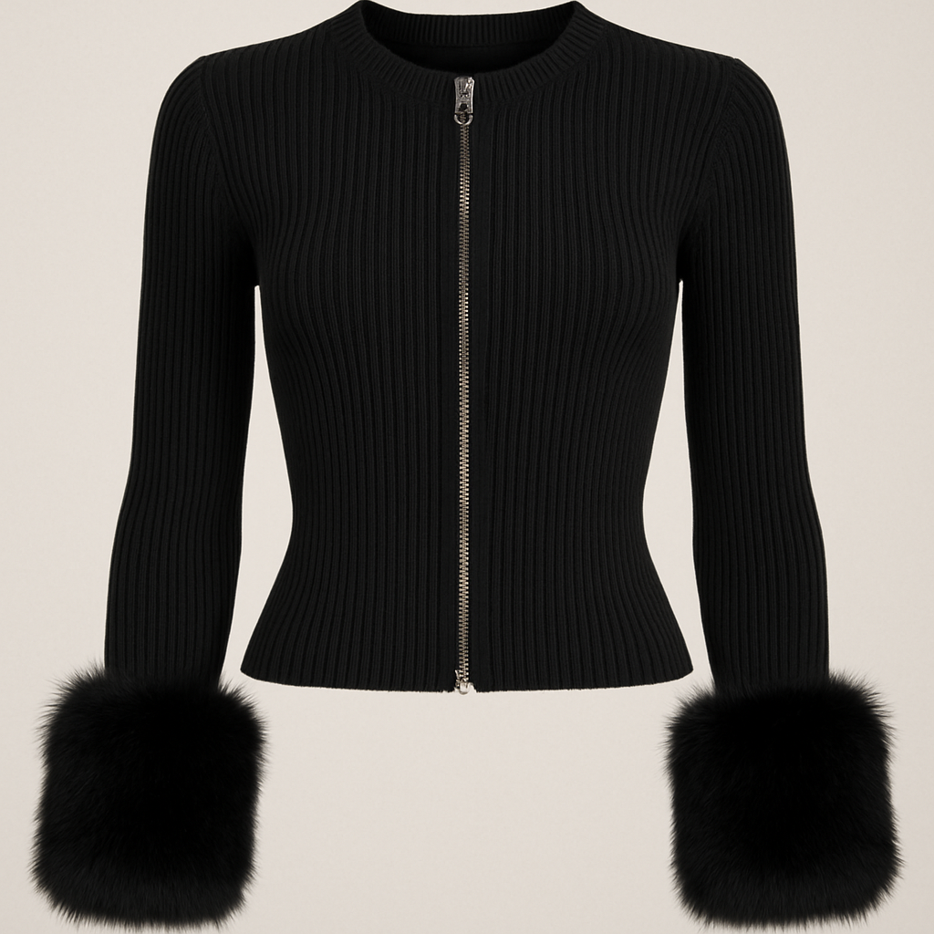 Black zip up ribbed cardigan with black faux fur cuff on sleeves
No collar and reduce cuff size and make cuffs fluffier
Black zip up ribbed cardigan with black faux fur cuff on sleeves
No collar and reduce cuff size and make cuffs fluffier