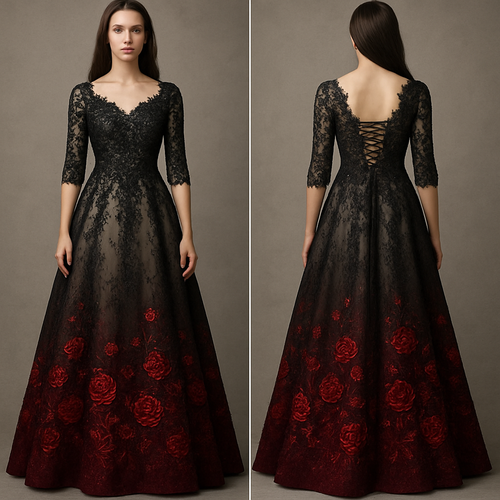 Lace Black A-line 1/3 lace sleeves wedding dress with ivory underlining. Corset back, with embroidered sequin beading on the top. The bottom fades into red with embroidered red sequined roses.
