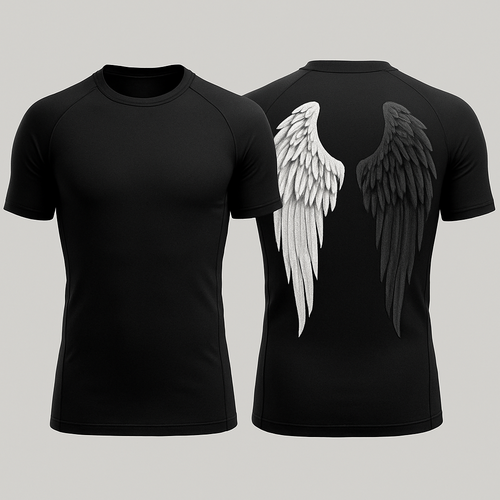 Black base compression fit short sleeve rash guard with angel wings in the back 

Make one wing white and the other black but lighter shade of black compared to the base color 

Make the black wing a little more of a lighter shade 