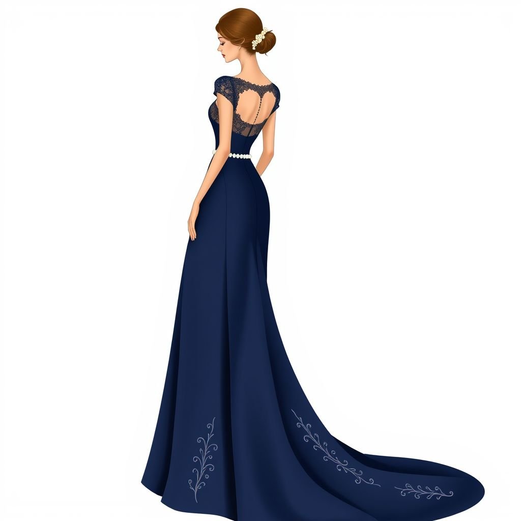 Dress 1
Design a timeless evening gown in rich navy silk, featuring a fitted bodice with delicate lace accents and a flowing A-line skirt. Incorporate vintage-inspired cap sleeves and a cinched waist adorned with a pearl-studded belt. Emphasize elegance with a sweeping train and subtle, classic embroidery for a refined finish.