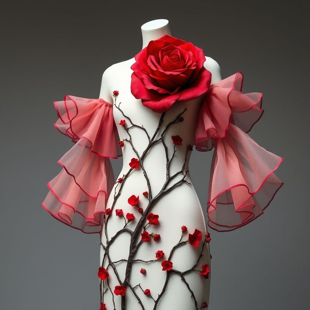 Red rose dress with a sheer ruffle sleeve and brown branches
Craft an artsy fashion design that features a striking red rose dress, adorned with delicate sheer ruffle sleeves that cascade like petals. Integrate intricate brown branches weaving throughout the fabric, symbolizing growth and nature. The overall silhouette embraces artistic flair, blending bold colors and textures for an avant-garde masterpiece.
