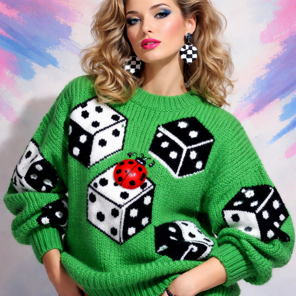 a bright green chunky sweater with black and white dice all over, have on of the dice have a big cute red lady bug on it.
Eighties fashion design: Bright green chunky knit sweater, relaxed fit. Black and white dice pattern, one die features a red ladybug.