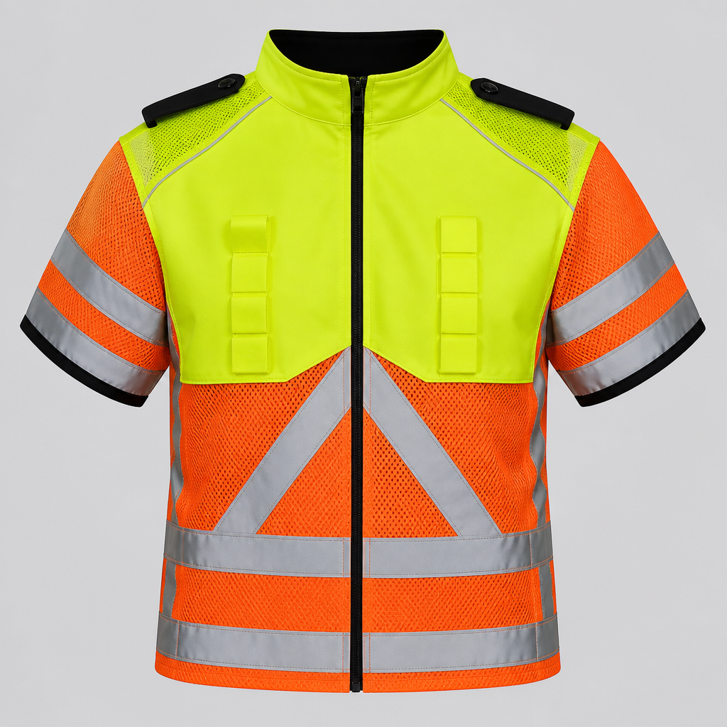 A Top design, in Uniform style. verkeersregelaar vest met fluor geel en fluor oranje gaasstof schouders fluor geel softshell borst fluor gele portolussen. Netherlands fashion aesthetics.
photorealistic fashion design, A Top design, in Uniform style. verkeersregelaar vest met fluor geel en fluor oranje gaasstof schouders fluor geel softshell borst fluor gele portolussen. Netherlands fashion aesthetics., uniform style, just the design no text