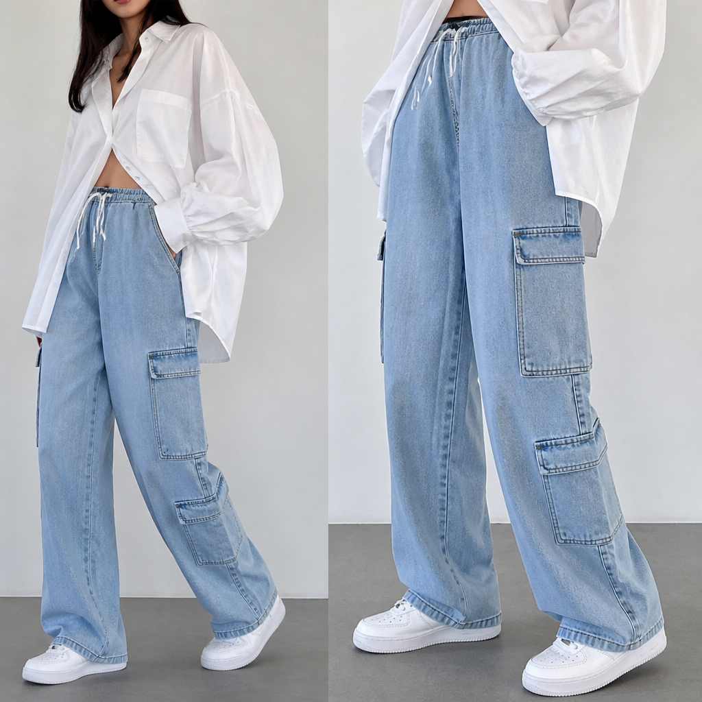 A Female Pants design, suitable for Summer, in Casual style. sky blue cargo jeans,white airforce and oversized shirt. GY fashion aesthetics.
photorealistic fashion design, A Female Pants design, suitable for Summer, in Casual style. sky blue cargo jeans,white airforce and oversized shirt. GY fashion aesthetics., casual style, just the design no text