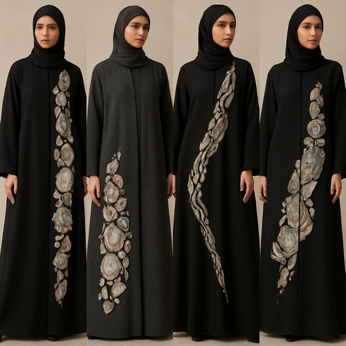 Create a modest abaya that's the first of its kind, featuring a unique stone design that exudes a classy and sophisticated vibe. I'd like four designs, each showcasing different styles and fabrics.
Incorporate high-end, unique chic stone designs to make them truly special. Add a little sophisticated stone work to it.