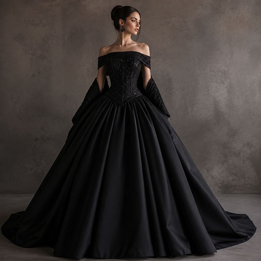 A Female Dress design, with modest, full coverage: longer hemlines, higher necklines and covered shoulders, suitable for Fall, in Haute Couture style. بدلة زفاف لون اسود وتكون نافشة من تحت وتكون من فوق بدون اكمام يعني تكون هيك القطعة على تحت الكتاف نازلة على جنب ويكون عليها سترس اسود وتكون فخمة وناعمة وملفتة بنفس الوقت. JO fashion aesthetics. Present it as professional fashion catalogue photography: the garment is the subject, shown full-length with editorial styling, neutral posing and tasteful, non-suggestive framing.
photorealistic fashion design, A Female Dress design, with modest, full coverage: longer hemlines, higher necklines and covered shoulders, suitable for Fall, in Haute Couture style. بدلة زفاف لون اسود وتكون نافشة من تحت وتكون من فوق بدون اكمام يعني تكون هيك القطعة على تحت الكتاف نازلة على جنب ويكون عليها سترس اسود وتكون فخمة وناعمة وملفتة بنفس الوقت. JO fashion aesthetics. Present it as professional fashion catalogue photography: the garment is the subject, shown full-length with editorial styling, neutral posing and tasteful, non-suggestive framing., haute_couture style, just the design no text