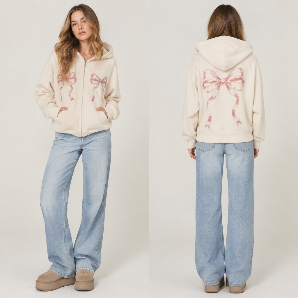 A Jacket design, suitable for Winter. una felpa bej con dei fiocchi disegnati davanti e dietro dei jeans azzurro chiaro e delle agg Present it as professional fashion catalogue photography: the garment is the subject, shown full-length with editorial styling, neutral posing and tasteful, non-suggestive framing.
photorealistic fashion design, A Jacket design, suitable for Winter. una felpa bej con dei fiocchi disegnati davanti e dietro dei jeans azzurro chiaro e delle agg Present it as professional fashion catalogue photography: the garment is the subject, shown full-length with editorial styling, neutral posing and tasteful, non-suggestive framing., just the design no text