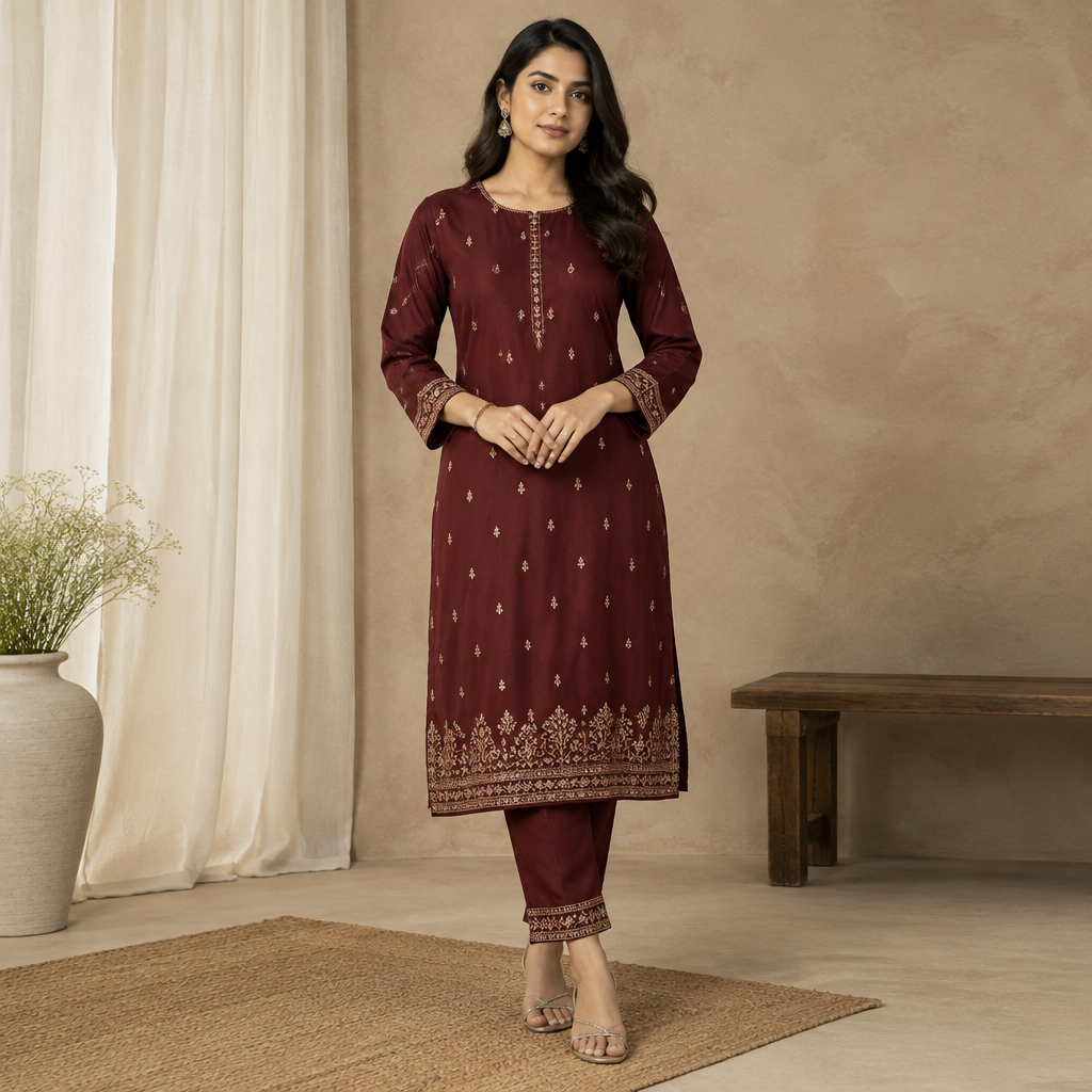 A Female Kurta design, in Classic style. dark maroon colour. round shape collar. Bangladesh fashion aesthetics. Present it as professional fashion catalogue photography: the garment is the subject, shown full-length with editorial styling, neutral posing and tasteful, non-suggestive framing.
photorealistic fashion design, A Female Kurta design, in Classic style. dark maroon colour. round shape collar. Bangladesh fashion aesthetics. Present it as professional fashion catalogue photography: the garment is the subject, shown full-length with editorial styling, neutral posing and tasteful, non-suggestive framing., classic style, just the design no text