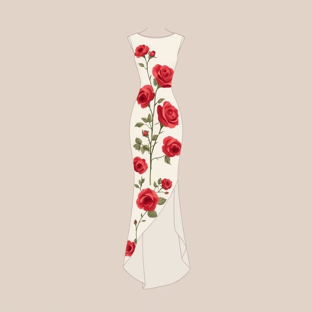 Red roses dress
Design a captivating minimalist dress featuring a subtle yet elegant red roses print. The silhouette should be sleek and form-fitting, with clean lines and an asymmetrical hem. Incorporate refined details like a delicate neckline and understated sleeves, swirling with muted tones to reflect the beauty of simplicity while emphasizing the floral motif.