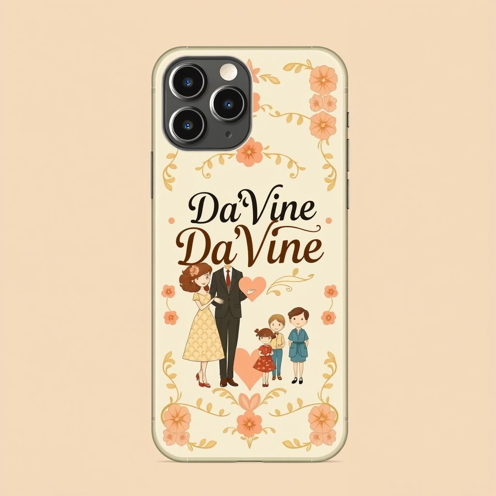 iPhone 13 Pro Max phone case with “Da’Vine” on it. Put a family of 6. A mom, dad, 2 sisters and a brother on it, with a heart
Design a vintage-inspired iPhone 13 Pro Max phone case featuring “Da’Vine” in elegant, retro typography. Surround the text with a charming, illustrated family of six—mom in a 1950s tea dress, dad in a dapper suit, and four kids showcasing classic styles. Adorn with soft pastel colors and intricate floral patterns, culminating in a heart motif to symbolize love and unity.