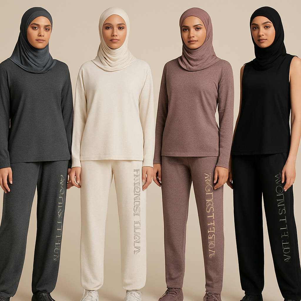 Create a revolutionary women’s modest loose gym wear brand called “Modest Fleur”. Display the brand name on the garments in a unique stone design on the side, exuding a classy and sophisticated vibe. I’d like four designs, each showcasing different styles and fabrics, with high-end, unique chic designs to make them truly special.
Create a revolutionary women’s modest loose gym wear brand called “Modest Fleur”. Display the brand name on the garments in a unique stone design on the side, exuding a classy and sophisticated vibe. I’d like four designs, each showcasing different styles and fabrics, with high-end, unique chic designs to make them truly special.