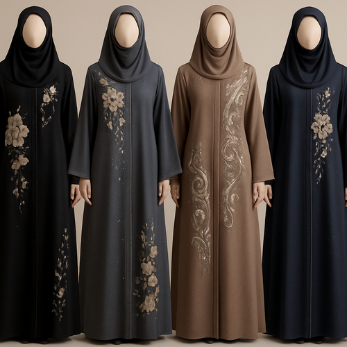 Create a modest abaya that's the first of its kind, featuring a unique stone design that exudes a classy and sophisticated vibe. I'd like four designs, each showcasing different styles and fabrics.Incorporate high-end, unique chic stone designs to make them truly special. And add little cute touch of sophisticated stone designs. Add huge flower and unique designs.