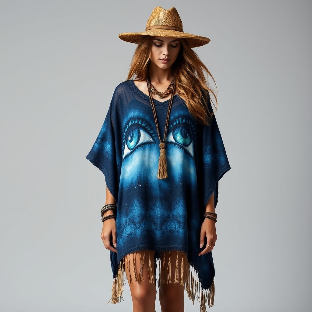 summer boho woman dark blue colors poncho which is handpainted of blue eyes in the sky
Design a flowing summer boho poncho crafted from lightweight, airy fabric in deep, dark blue hues, adorned with hand-painted celestial blue eyes reflecting the vast sky. Complement the ethereal design with tassel trims, intricate embroidery, and layered accessories made from natural materials, creating a harmonious blend of mystique and effortless chic.