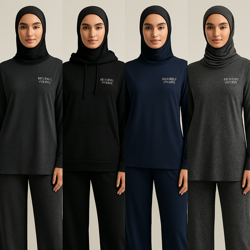 Create a revolutionary women's modest loose gym wear brand called "Modest Fleur". Display the brand name on the in a unique design on the upper right side, in small thick writing that exudes a classy and sophisticated vibe. I'd like four designs, each showcasing different styles and fabrics, with high-end, chic designs to make them truly special. Making it first design in the world 