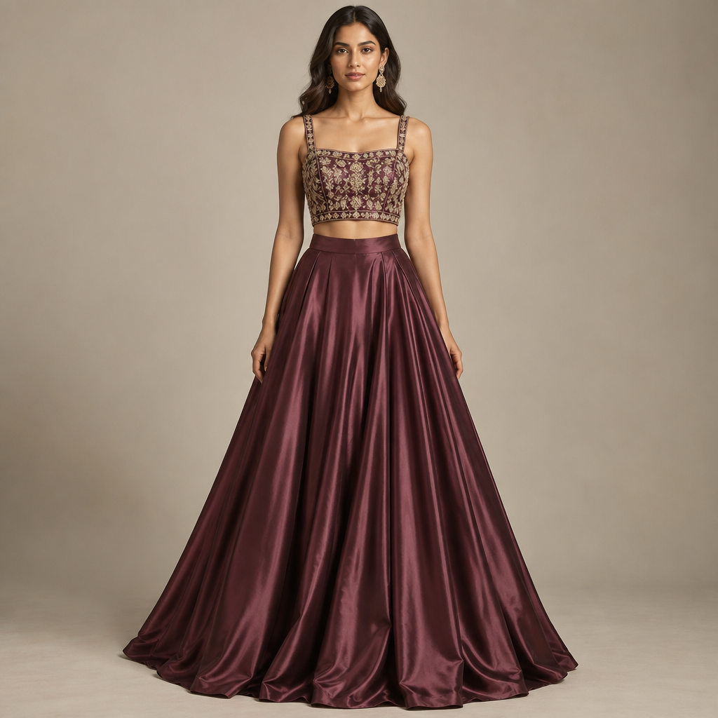 Design a luxurious modern Indian two-piece lehenga set inspired by the reference image. Create a deep wine/mauve satin floor-length A-line skirt with a soft flowing silhouette, elegant gathers and a wide matching waistband. Pair it with a fitted cropped blouse with thin shoulder straps, a square neckline and a structured bodice. Add intricate antique-gold and champagne embroidery with subtle geometric floral patterns on the blouse. Use rich satin fabric with a soft glossy finish. Make the design elegant, feminine, sophisticated and couture-like. Show the complete outfit clearly in a professional fashion-design presentation, full front view, realistic fabric texture, detailed stitching and embroidery, clean studio background.”
photorealistic fashion design, Design a luxurious modern Indian two-piece lehenga set inspired by the reference image. Create a deep wine/mauve satin floor-length A-line skirt with a soft flowing silhouette, elegant gathers and a wide matching waistband. Pair it with a fitted cropped blouse with thin shoulder straps, a square neckline and a structured bodice. Add intricate antique-gold and champagne embroidery with subtle geometric floral patterns on the blouse. Use rich satin fabric with a soft glossy finish. Make the design elegant, feminine, sophisticated and couture-like. Show the complete outfit clearly in a professional fashion-design presentation, full front view, realistic fabric texture, detailed stitching and embroidery, clean studio background.”, just the design no text