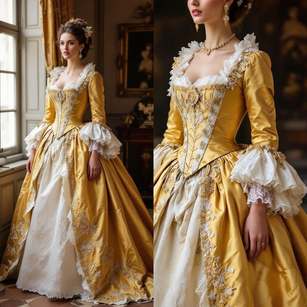 Beauty and the beast wedding dress
Baroque fashion: Beauty and the Beast wedding dress, gold silk, wide panniers, lace trim, full sleeves, elaborate embroidery.