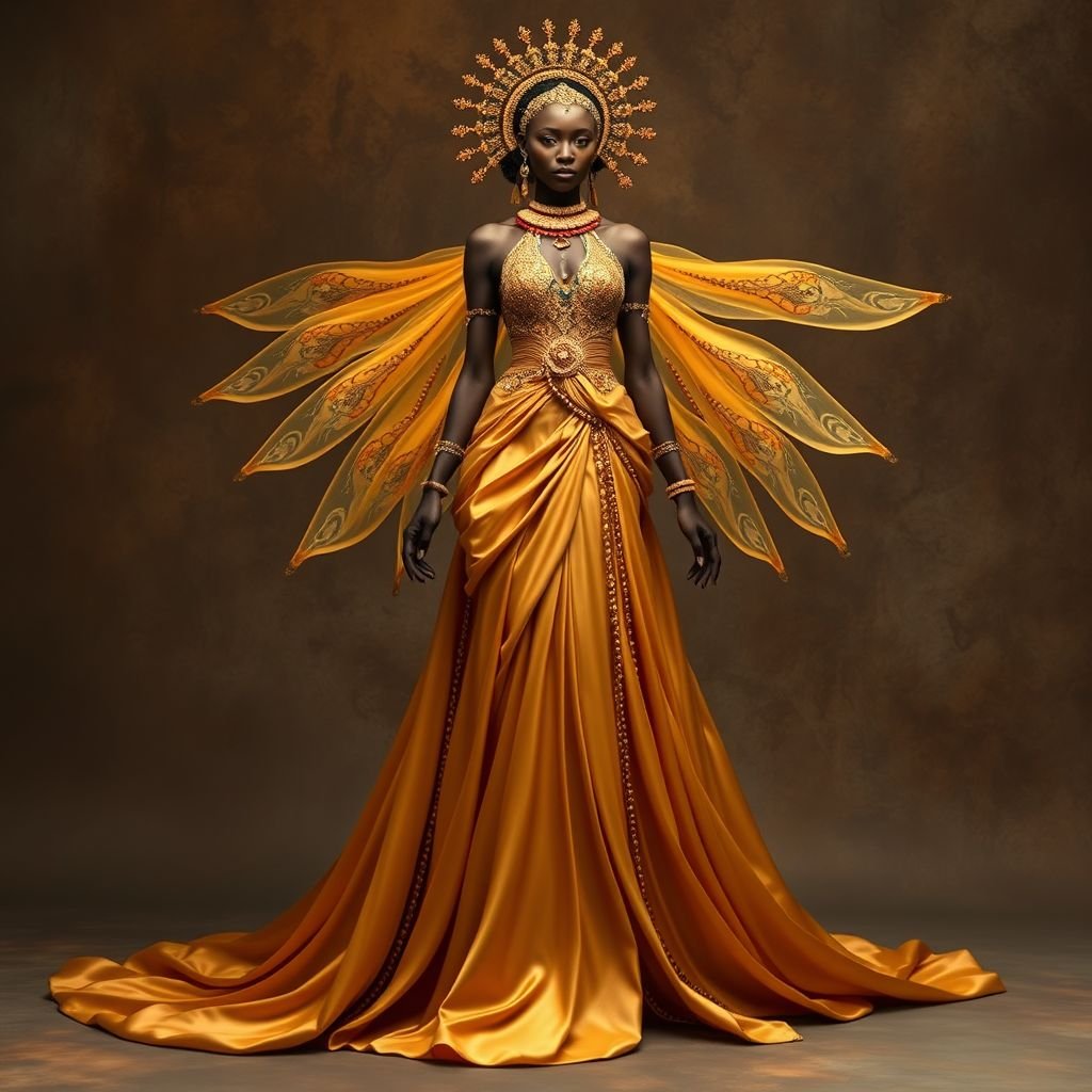 Design a African goddess Oshun (Yoruba) – Goddess of love, beauty, fertility – gold, yellow, honey, flowing silks.
Create a breathtaking haute couture gown inspired by the African goddess Oshun, embodying love and beauty. Utilize flowing silks in rich gold and honey tones, with intricate beadwork representing fertility and abundance. Incorporate sweeping silhouettes, dramatic train details, and ethereal embellishments to evoke divine elegance, celebrating Oshun's radiant essence and grace.