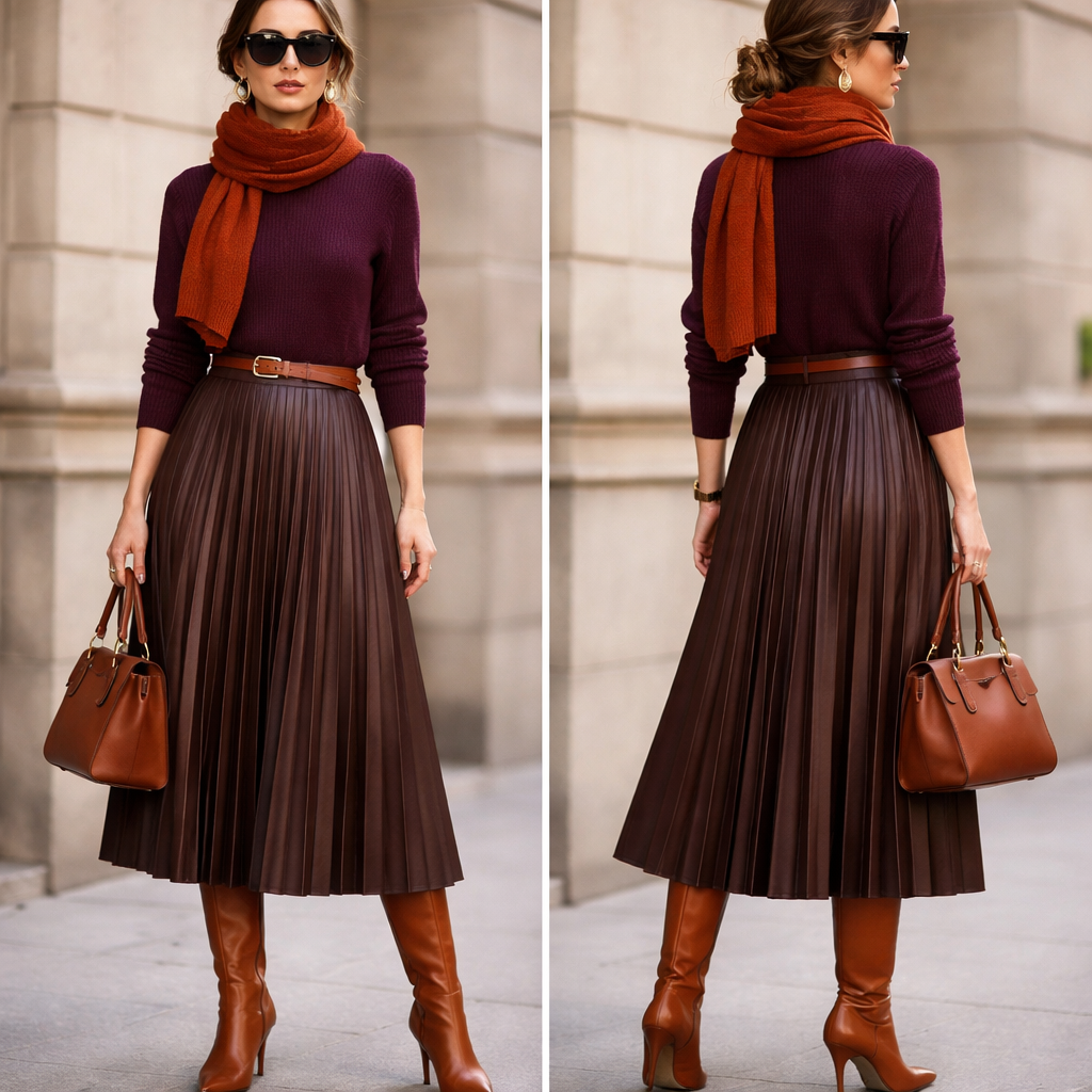 Top: A plum-colored mock neck sweater in a fine-gauge knit. Look for a "relaxed but not oversized" fit that hits just at the hip or can be neatly tucked in.
Bottom: A matching plum midi skirt in a heavy-weight ribbed knit or a chocolate brown pleated faux-leather midi skirt. Pleated skirts add an elegant movement that beautifully highlights heeled boots as you walk.
Footwear: This set is best paired with knee-high heeled boots in a contrasting cognac or dark brown. A pointed toe and slim heel add a youthful, "chic" edge to the modest length of the skirt.
Accessories: Add a burnt orange scarf or a structured belt to break up the monochrome and tie the fall palette together.
Top: A plum-colored mock neck sweater in a fine-gauge knit. Look for a "relaxed but not oversized" fit that hits just at the hip or can be neatly tucked in.
Bottom: A matching plum midi skirt in a heavy-weight ribbed knit or a chocolate brown pleated faux-leather midi skirt. Pleated skirts add an elegant movement that beautifully highlights heeled boots as you walk.
Footwear: This set is best paired with knee-high heeled boots in a contrasting cognac or dark brown. A pointed toe and slim heel add a youthful, "chic" edge to the modest length of the skirt.
Accessories: Add a burnt orange scarf or a structured belt to break up the monochrome and tie the fall palette together., show front and back