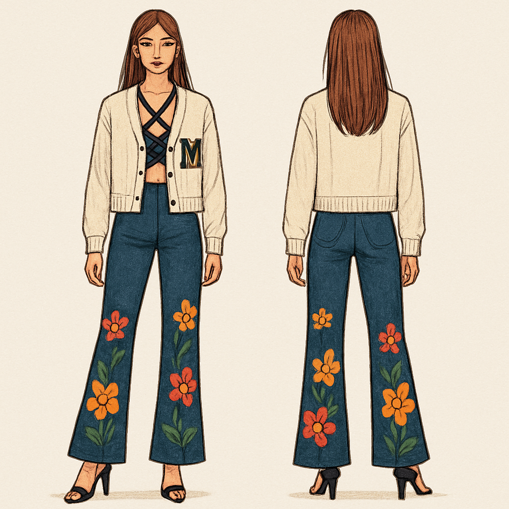 Criss cross shirt bell bottom pants flowers on the pants with a letters man cardigan and some heels
Criss cross shirt bell bottom pants flowers on the pants with a letters man cardigan and some heels , streetwear style, show front and back