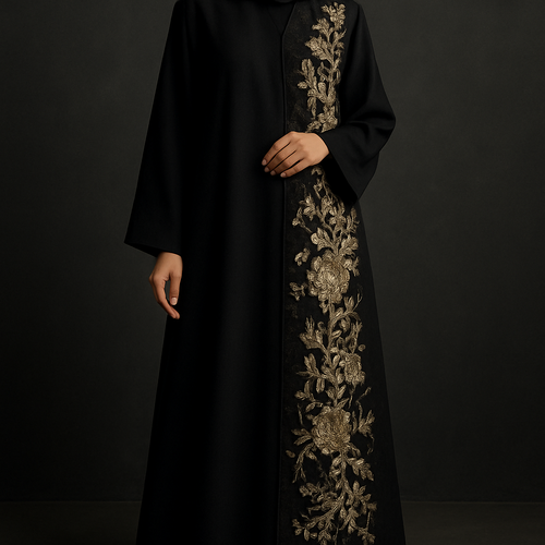 The Gold Veil Lace Abaya
Tone: Black Design: A soft lace panel on one side with gold floral embroidery and crystals.