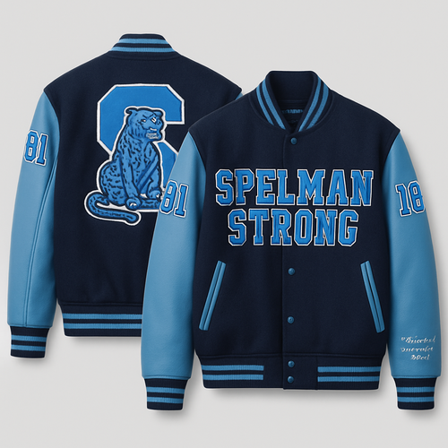 Bomber jacket Embroidery & Patch Placement

Back Design
	•	Replace the octagonal emblem with a large, bold letter “S” in Pantone 283U, centered on the jacket back.
	•	The Spelman Jaguar mascot should be positioned seated or centered over the “S”, combining tradition and contemporary collegiate style.
	•	Use one of the following edge finishes for the embroidered patch:
	•	Merrowed Edge: A standard overlocked border that prevents fraying, creating a soft, rounded, dimensional edge.
	•	Satin Stitch Border: A smooth satin-stitched border providing a polished, clean look ideal for simple shapes or lettering edges.

Front Design
	•	Keep the “SPELMAN STRONG” embroidery across the chest, using two-tone thread:
	•	Pantone 283U fill with a Pantone 2748U outline for depth and boldness.
	•	Embroidery should have a raised stitch for a premium, collegiate feel.

Sleeves
	•	Maintain the varsity-style “81” numbering on both sleeves in Pantone 2748U, outlined in white thread.
	•	Above or beside the left sleeve’s embroidery, add the following line in elegant script:
“Beacons of heavenly light, Undaunted by the fight.”

	•	Thread: White polyester embroidery thread
	•	Font: Cursive script, elegant serif-inspired
	•	Size: Proportionate to sleeve width, not exceeding 1 inch in letter height

Upper Arm Detail
	•	Embroider the founding year “1881” on the upper arm in Pantone 2748U thread with a white outline for contrast and visibility.
	•	Font style: Collegiate block lettering.

⸻

Materials & Finishing Details
	•	Body Fabric: Premium wool-blend in Pantone 2748U navy
	•	Sleeves: Genuine or synthetic leather in Pantone 283U light blue
	•	Lining: Quilted satin interior, color-matched to Pantone 283U
	•	Ribbing: Dual-tone ribbed cuffs, collar, and waistband (Pantone 2748U base with Pantone 283U accent stripes)
	•	Buttons: Matte-finish, navy-coated metal snaps
	•	Embroidery Threads: 100% polyester, colorfast, Pantone-matched for fade resistance
	•	Patch Finish: All embroidered patches should feature either Merrowed or Satin Stitch borders
	•	Lettering Texture: Raised satin fill for “SPELMAN STRONG,” “1881,” and the Jaguar emblem to maintain tactile depth