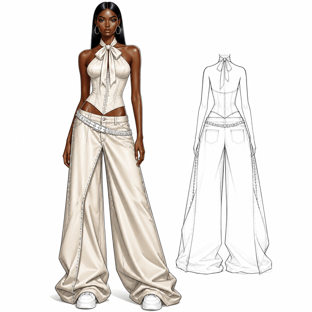 A Female Dress design, suitable for Summer, in Y2K style. Female runway model wearing a halter-neck bow corset top, crystal-studded diagonal hip belts, ultra-baggy floor-length wide-leg trousers with an open front center design, high-top sneakers, street-luxury fashion, edgy baddie aesthetic, Y2K glamour, high-fashion runway sketch, clean fashion illustration, elongated silhouette.". Nigeria fashion aesthetics. Design with modest coverage.
photorealistic fashion design, A Female Dress design, suitable for Summer, in Y2K style. Female runway model wearing a halter-neck bow corset top, crystal-studded diagonal hip belts, ultra-baggy floor-length wide-leg trousers with an open front center design, high-top sneakers, street-luxury fashion, edgy baddie aesthetic, Y2K glamour, high-fashion runway sketch, clean fashion illustration, elongated silhouette.". Nigeria fashion aesthetics. Design with modest coverage., y2k style, just the design no text