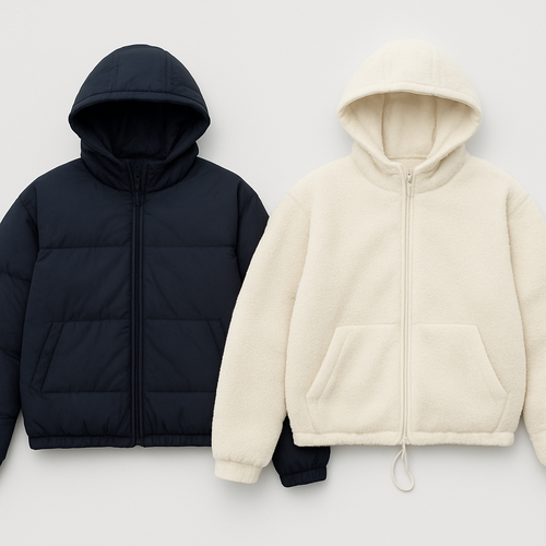 Reversible double-face puffer jacket, one side navy blue puffer with removable hood (hood attached with zipper), other side white fleece/teddy. Detachable sleeves with zippers to become a vest. Bottom hem has drawstring that can be pulled to turn the hem into a small crossbody bag/pouch. Hood can be removed and sleeves detached."