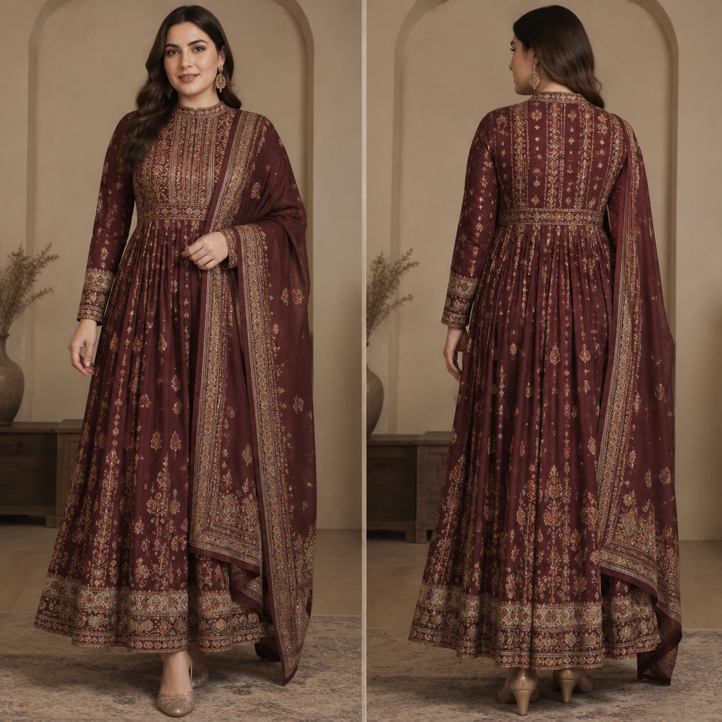 A Female Dress design, with modest, full coverage: longer hemlines, higher necklines and covered shoulders, suitable for Fall, in Elegant style, shown on a model with light skin and a curvy figure. India fashion aesthetics. Present it as professional fashion catalogue photography: the garment is the subject, shown full-length with editorial styling, neutral posing and tasteful, non-suggestive framing.
photorealistic fashion design, A Female Dress design, with modest, full coverage: longer hemlines, higher necklines and covered shoulders, suitable for Fall, in Elegant style, shown on a model with light skin and a curvy figure. India fashion aesthetics. Present it as professional fashion catalogue photography: the garment is the subject, shown full-length with editorial styling, neutral posing and tasteful, non-suggestive framing., elegant style, just the design no text, show front and back