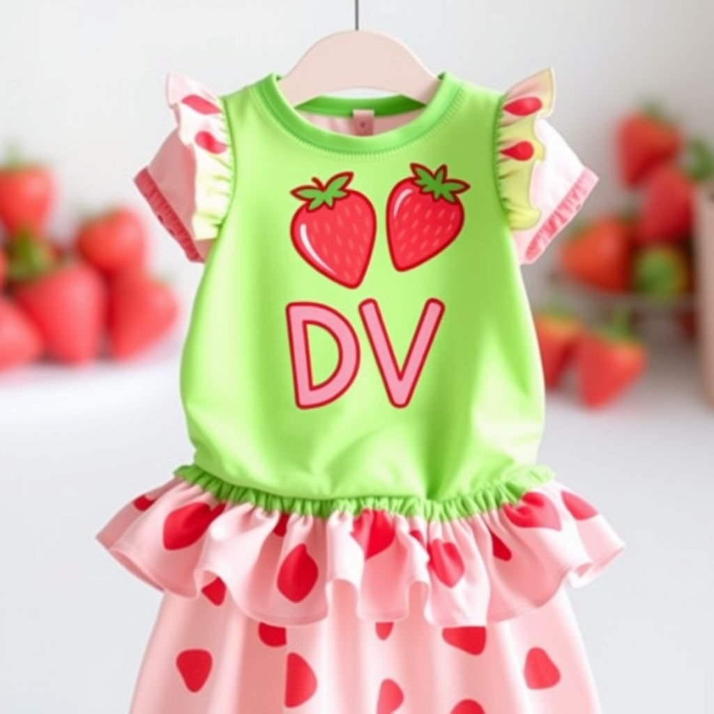 Baby infant and toddler strawberry shortcake cartoon outfit. With DV on it somewhere
Design a whimsical casual outfit for infants and toddlers, inspired by the playful essence of Strawberry Shortcake. Incorporate soft, breathable fabrics in vibrant shades of pink and green. Feature cheerful strawberry patterns and playful ruffles. Embellish the ensemble with the initials "DV" in a fun, cartoonish font, adding a personal touch.