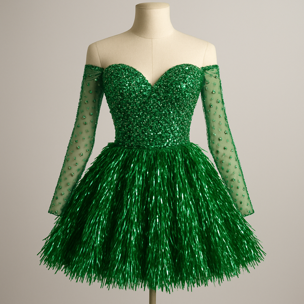 Short pageant style Christmas’s dress with green tinsel fringe as the full made skirt, the top of the dress with a sweetheart neckline fully rhinestones in a matching green, and add rhinestones open mesh sleeves that are off the shoulder 

Short pageant style Christmas’s dress with green tinsel fringe as the full made skirt, the top of the dress with a sweetheart neckline fully rhinestones in a matching green, and add rhinestones open mesh sleeves that are off the shoulder 