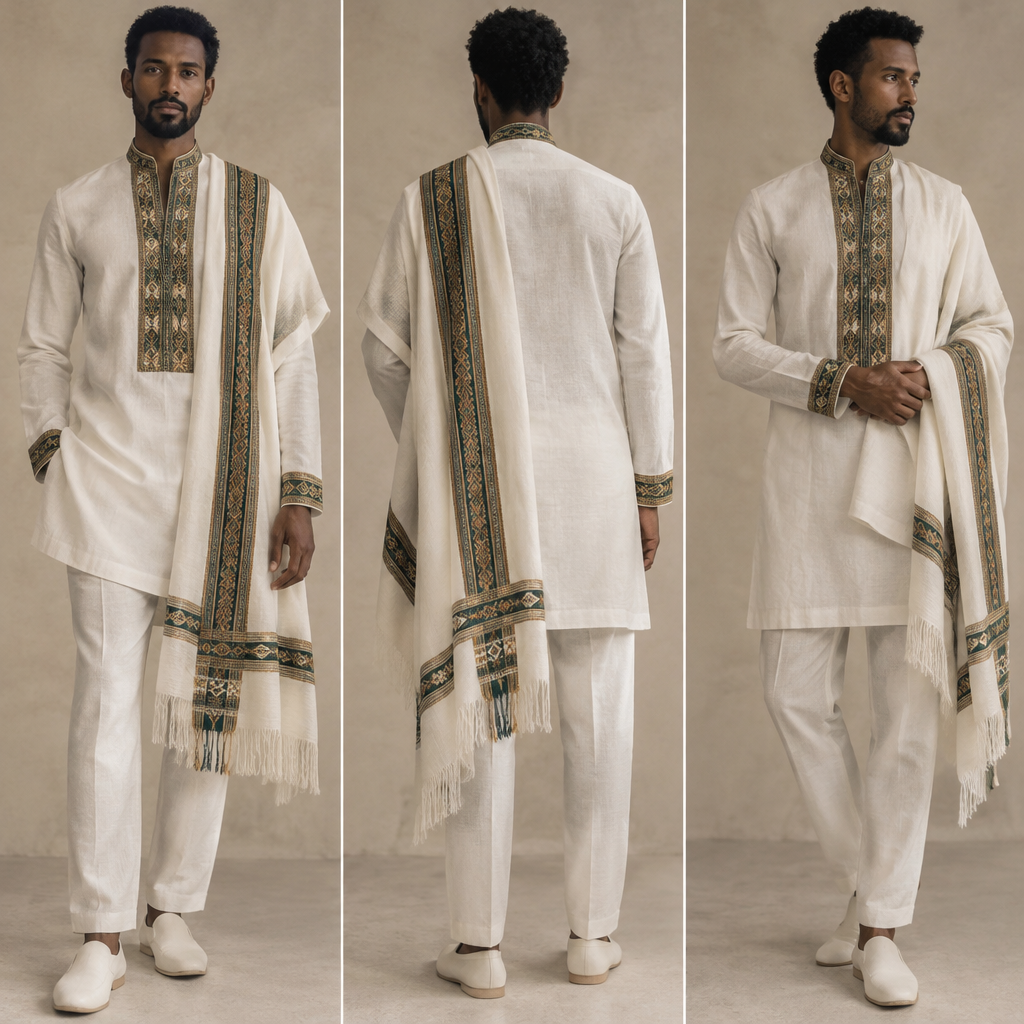 A Male fashion design. Consider Ethiopian fashion — habesha kemis, netela shawls, intricate hand-weaving, white cotton traditions. Present it as professional fashion catalogue photography: the garment is the subject, shown full-length with editorial styling, neutral posing and tasteful, non-suggestive framing.
photorealistic fashion design, A Male fashion design. Consider Ethiopian fashion — habesha kemis, netela shawls, intricate hand-weaving, white cotton traditions. Present it as professional fashion catalogue photography: the garment is the subject, shown full-length with editorial styling, neutral posing and tasteful, non-suggestive framing., just the design no text