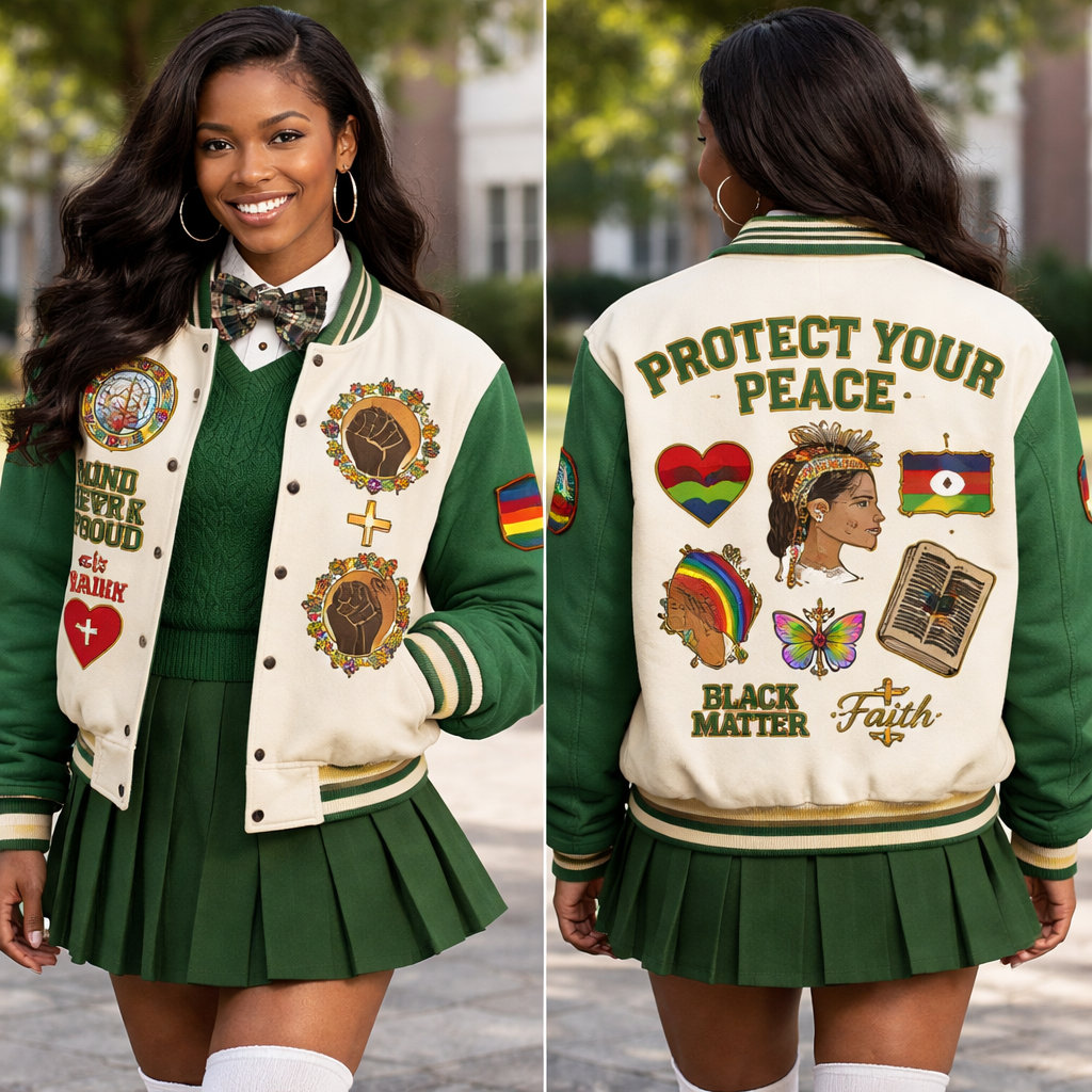 Mental health awareness, black pride, indigenous pride, West Indian pride, faith in God
Mental health awareness, black pride, indigenous pride, West Indian pride, faith in God, preppy style, show front and back