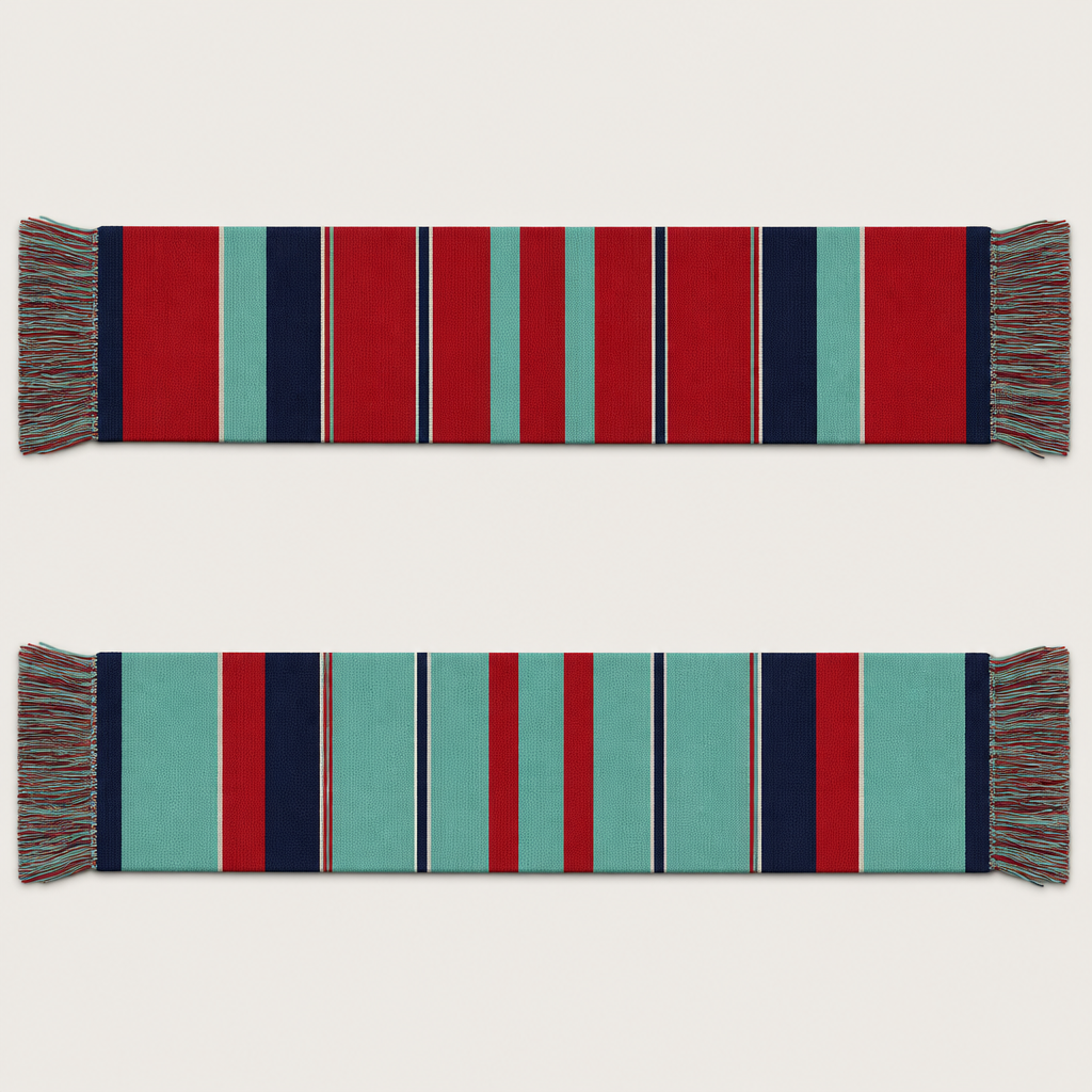Design a scarf with longitudinal linear lines for the kc Current soccer team using red and teal. Make it preppy add a navy stripe
photorealistic fashion design, Design a scarf with longitudinal linear lines for the kc Current soccer team using red and teal. Make it preppy add a navy stripe, just the design no text, show front and back