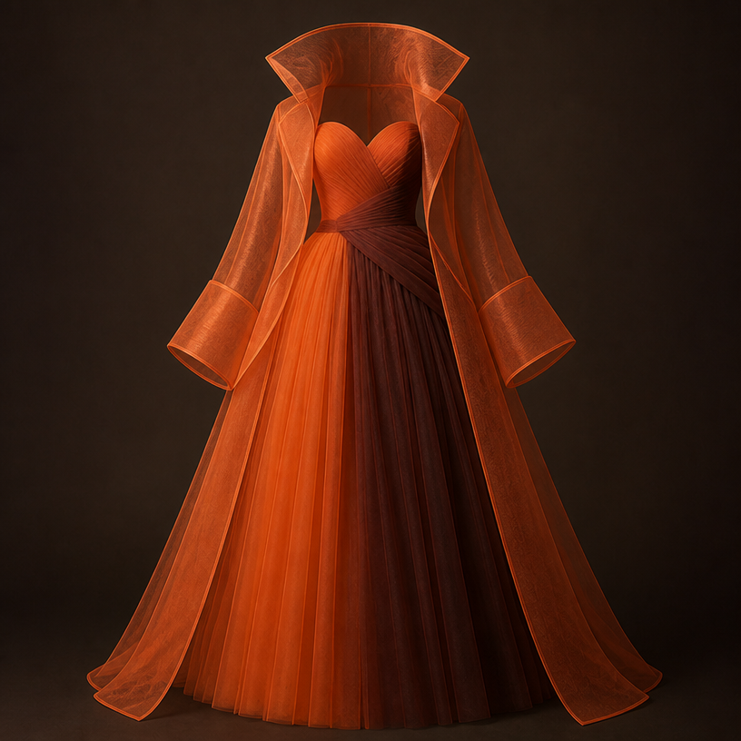 Add the sheer coat with very high collar large cuffs on sleeves wrap coat in tangerine .
edit the attached fashion design with these instructions: Add the sheer coat with very high collar large cuffs on sleeves wrap coat in tangerine .. keep it photorealistic, just the design no text