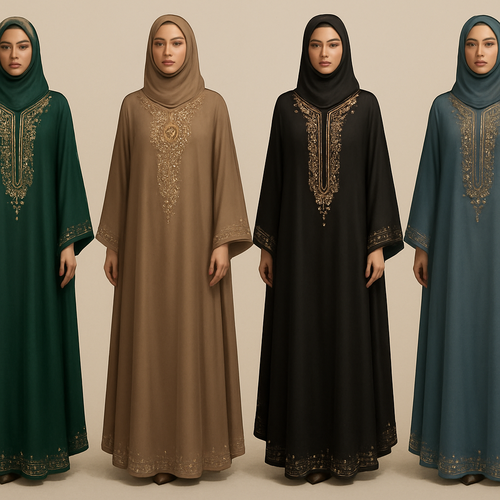 Create me modest boubou that's first in the world, using unique stone design, classy and sophisticated. Keep me 4 designs. Make them rich by adding minimal stone embroidery and stones designs.