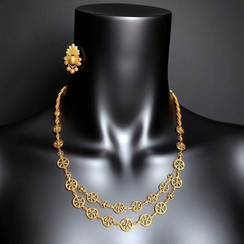 Create a image of a black neck to chest mannequin that has a non blemish gold pin earring and a neck chain around it
Visualize a striking black neck-to-chest mannequin adorned with an eye-catching design. The centerpiece is a flawless, non-blemished gold pin earring, shimmering against the matte finish of the mannequin. Complementing this elegance, a delicate gold neck chain drapes gracefully, featuring intricate patterns that echo modern minimalism, blending luxury with contemporary chic.