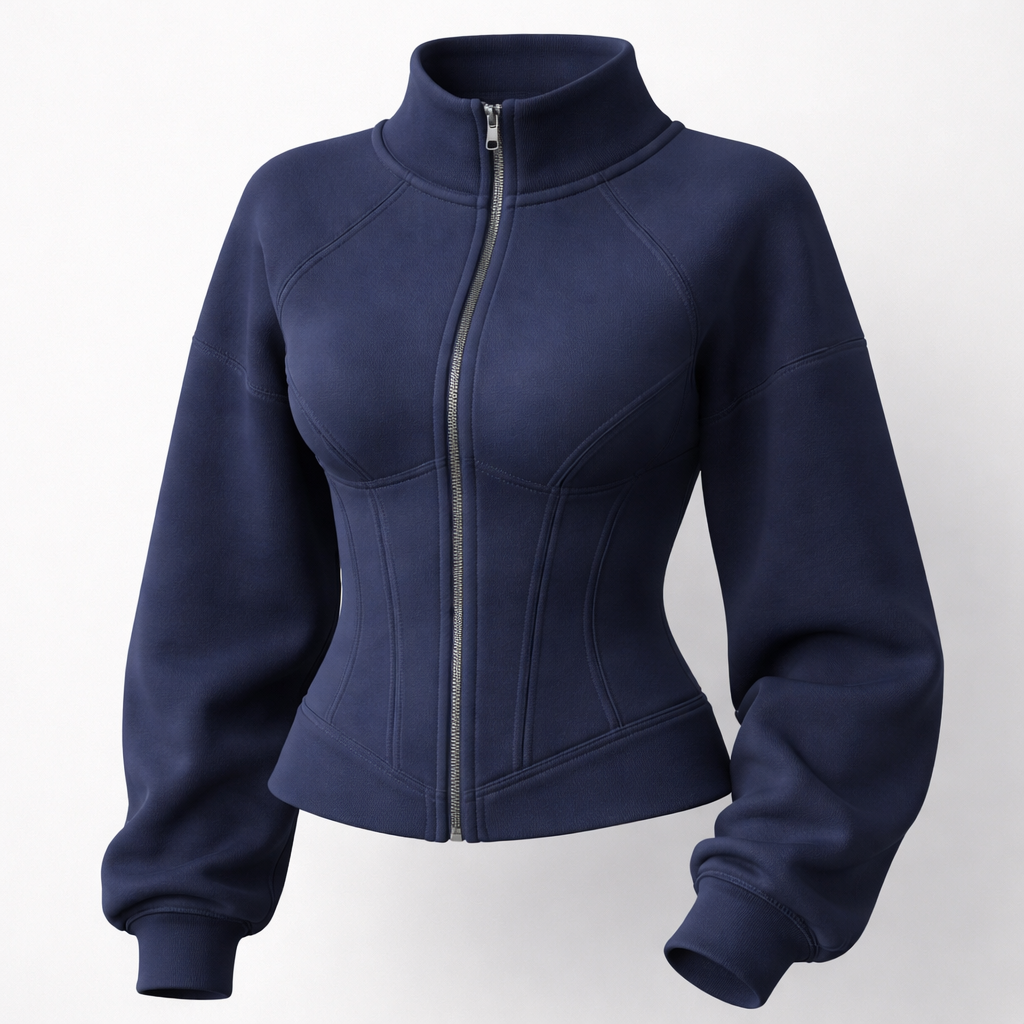 “Design a navy blue sweatshirt with a built-in corset silhouette. The corset should feature a visible front zipper and be made from soft, flexible fabric, not rigid. The design includes subtle raised seam lines in the same navy color, creating a structured and elegant look while maintaining comfort. Modern, minimal, and stylish athleisure aesthetic.”
Sportswear fashion design: Design a navy blue sweatshirt. It has a built-in corset silhouette with a visible front zipper. Made from soft, flexible fabric, not rigid. Subtle raised navy seam lines add structure. Modern, minimal, and stylish athleisure.