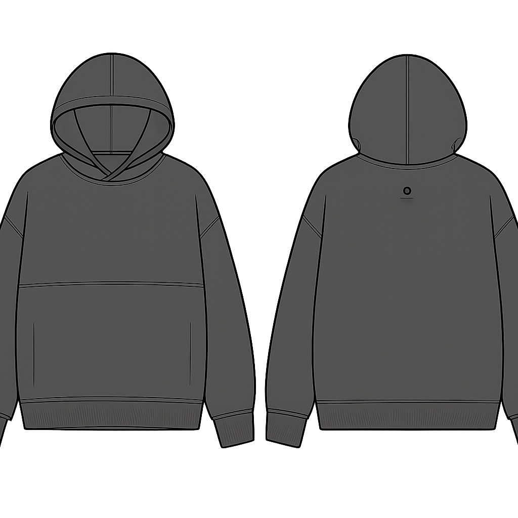 Unisex oversized hoodie with a boxy silhouette and drop shoulders. Clean minimal design with no graphics on the front. Color: charcoal black. The hoodie has a structured outer layer and a soft inner layer visible slightly at the sleeve cuff and at the bottom hem. Ribbing on cuffs and hem is tonal and subtle. Slight overlength sleeves. Back side has a small minimal symbol printed top-center between the shoulders. Stitch lines are clean and precise. Make it technical fashion sketch style, simple linework, no background, no model face details.
Unisex oversized hoodie with a boxy silhouette and drop shoulders. Clean minimal design with no graphics on the front. Color: charcoal black. The hoodie has a structured outer layer and a soft inner layer visible slightly at the sleeve cuff and at the bottom hem. Ribbing on cuffs and hem is tonal and subtle. Slight overlength sleeves. Back side has a small minimal symbol printed top-center between the shoulders. Stitch lines are clean and precise. Make it technical fashion sketch style, simple linework, no background, no model face details., streetwear style, show front and back