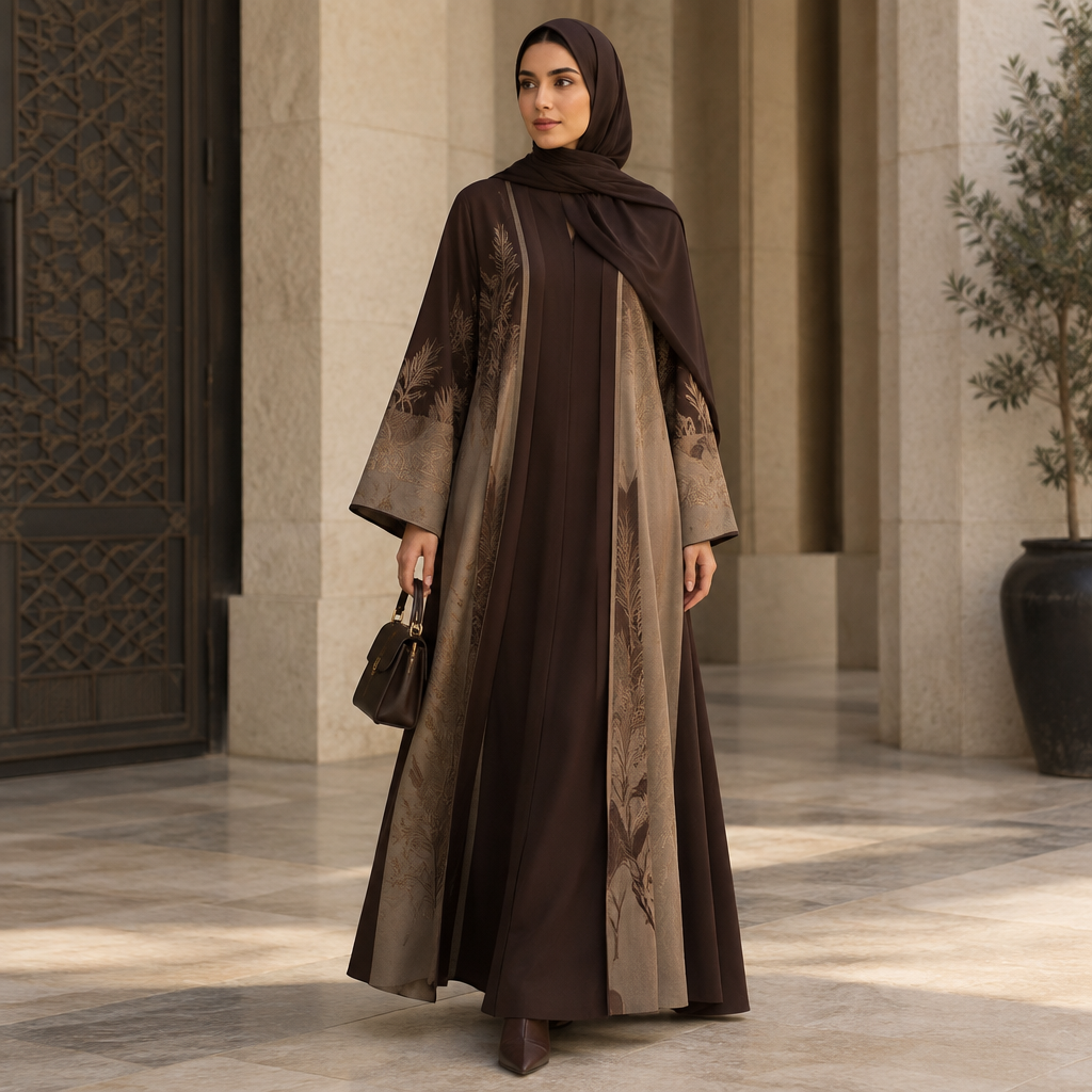A Female Dress design, suitable for Fall. Saudi Arabia fashion aesthetics. Design with modest coverage. Present it as professional fashion catalogue photography: the garment is the subject, shown full-length with editorial styling, neutral posing and tasteful, non-suggestive framing.
photorealistic fashion design, A Female Dress design, suitable for Fall. Saudi Arabia fashion aesthetics. Design with modest coverage. Present it as professional fashion catalogue photography: the garment is the subject, shown full-length with editorial styling, neutral posing and tasteful, non-suggestive framing., just the design no text