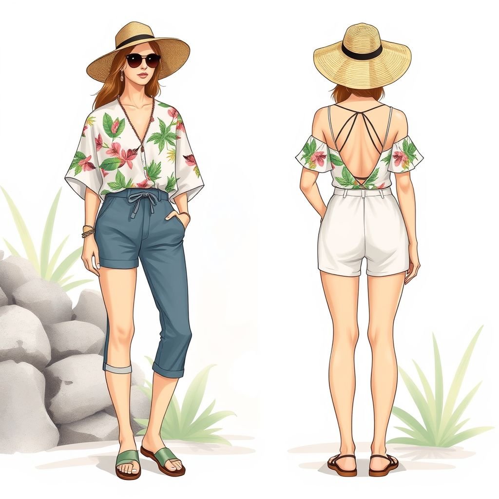 top resort and bottom front and back style Zimmerman
Design a relaxed, casual resort wear ensemble featuring a breezy, lightweight Zimmerman-inspired top with soft, flowing sleeves and playful tropical prints. Pair it with versatile high-waisted linen shorts, showcasing a unique front and back design with subtle cutouts. Complete the look with chic, comfortable sandals and a wide-brimmed hat for effortless elegance.