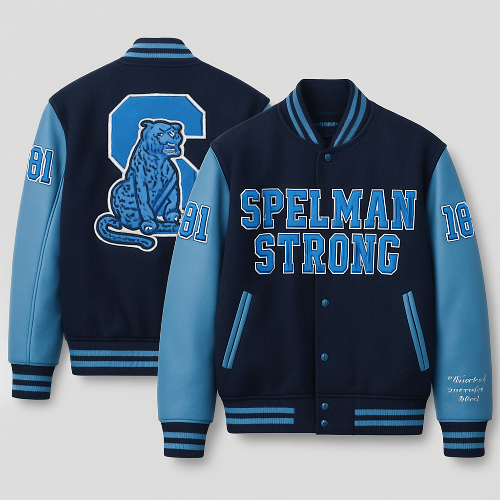 Bomber jacket Embroidery & Patch Placement

Back Design
	•	Replace the octagonal emblem with a large, bold letter “S” in Pantone 283U, centered on the jacket back.
	•	The Spelman Jaguar mascot should be positioned seated or centered over the “S”, combining tradition and contemporary collegiate style.
	•	Use one of the following edge finishes for the embroidered patch:
	•	Merrowed Edge: A standard overlocked border that prevents fraying, creating a soft, rounded, dimensional edge.
	•	Satin Stitch Border: A smooth satin-stitched border providing a polished, clean look ideal for simple shapes or lettering edges.

Front Design
	•	Keep the “SPELMAN STRONG” embroidery across the chest, using two-tone thread:
	•	Pantone 283U fill with a Pantone 2748U outline for depth and boldness.
	•	Embroidery should have a raised stitch for a premium, collegiate feel.

Sleeves
	•	Maintain the varsity-style “81” numbering on both sleeves in Pantone 2748U, outlined in white thread.
	•	Above or beside the left sleeve’s embroidery, add the following line in elegant script:
“Beacons of heavenly light, Undaunted by the fight.”

	•	Thread: White polyester embroidery thread
	•	Font: Cursive script, elegant serif-inspired
	•	Size: Proportionate to sleeve width, not exceeding 1 inch in letter height

Upper Arm Detail
	•	Embroider the founding year “1881” on the upper arm in Pantone 2748U thread with a white outline for contrast and visibility.
	•	Font style: Collegiate block lettering.

⸻

Materials & Finishing Details
	•	Body Fabric: Premium wool-blend in Pantone 2748U navy
	•	Sleeves: Genuine or synthetic leather in Pantone 283U light blue
	•	Lining: Quilted satin interior, color-matched to Pantone 283U
	•	Ribbing: Dual-tone ribbed cuffs, collar, and waistband (Pantone 2748U base with Pantone 283U accent stripes)
	•	Buttons: Matte-finish, navy-coated metal snaps
	•	Embroidery Threads: 100% polyester, colorfast, Pantone-matched for fade resistance
	•	Patch Finish: All embroidered patches should feature either Merrowed or Satin Stitch borders
	•	Lettering Texture: Raised satin fill for “SPELMAN STRONG,” “1881,” and the Jaguar emblem to maintain tactile depth

Bomber jacket Embroidery & Patch Placement

Back Design
	•	Replace the octagonal emblem with a large, bold letter “S” in Pantone 283U, centered on the jacket back.
	•	The Spelman Jaguar mascot should be positioned seated or centered over the “S”, combining tradition and contemporary collegiate style.
	•	Use one of the following edge finishes for the embroidered patch:
	•	Merrowed Edge: A standard overlocked border that prevents fraying, creating a soft, rounded, dimensional edge.
	•	Satin Stitch Border: A smooth satin-stitched border providing a polished, clean look ideal for simple shapes or lettering edges.

Front Design
	•	Keep the “SPELMAN STRONG” embroidery across the chest, using two-tone thread:
	•	Pantone 283U fill with a Pantone 2748U outline for depth and boldness.
	•	Embroidery should have a raised stitch for a premium, collegiate feel.

Sleeves
	•	Maintain the varsity-style “81” numbering on both sleeves in Pantone 2748U, outlined in white thread.
	•	Above or beside the left sleeve’s embroidery, add the following line in elegant script:
“Beacons of heavenly light, Undaunted by the fight.”

	•	Thread: White polyester embroidery thread
	•	Font: Cursive script, elegant serif-inspired
	•	Size: Proportionate to sleeve width, not exceeding 1 inch in letter height

Upper Arm Detail
	•	Embroider the founding year “1881” on the upper arm in Pantone 2748U thread with a white outline for contrast and visibility.
	•	Font style: Collegiate block lettering.

⸻

Materials & Finishing Details
	•	Body Fabric: Premium wool-blend in Pantone 2748U navy
	•	Sleeves: Genuine or synthetic leather in Pantone 283U light blue
	•	Lining: Quilted satin interior, color-matched to Pantone 283U
	•	Ribbing: Dual-tone ribbed cuffs, collar, and waistband (Pantone 2748U base with Pantone 283U accent stripes)
	•	Buttons: Matte-finish, navy-coated metal snaps
	•	Embroidery Threads: 100% polyester, colorfast, Pantone-matched for fade resistance
	•	Patch Finish: All embroidered patches should feature either Merrowed or Satin Stitch borders
	•	Lettering Texture: Raised satin fill for “SPELMAN STRONG,” “1881,” and the Jaguar emblem to maintain tactile depth, sporty style, show front and back
