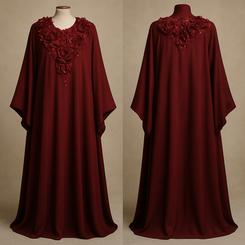 The Ruby Flora Majesty Abaya
Tone: Deep dark ruby
Design:
Large layered 3D ruby florals arranged around the neckline like a luxury necklace.
Embellishment:
Red glass stones and micro-beads giving a regal shine.
Vibe: Soft royalty + deep sensual luxury.