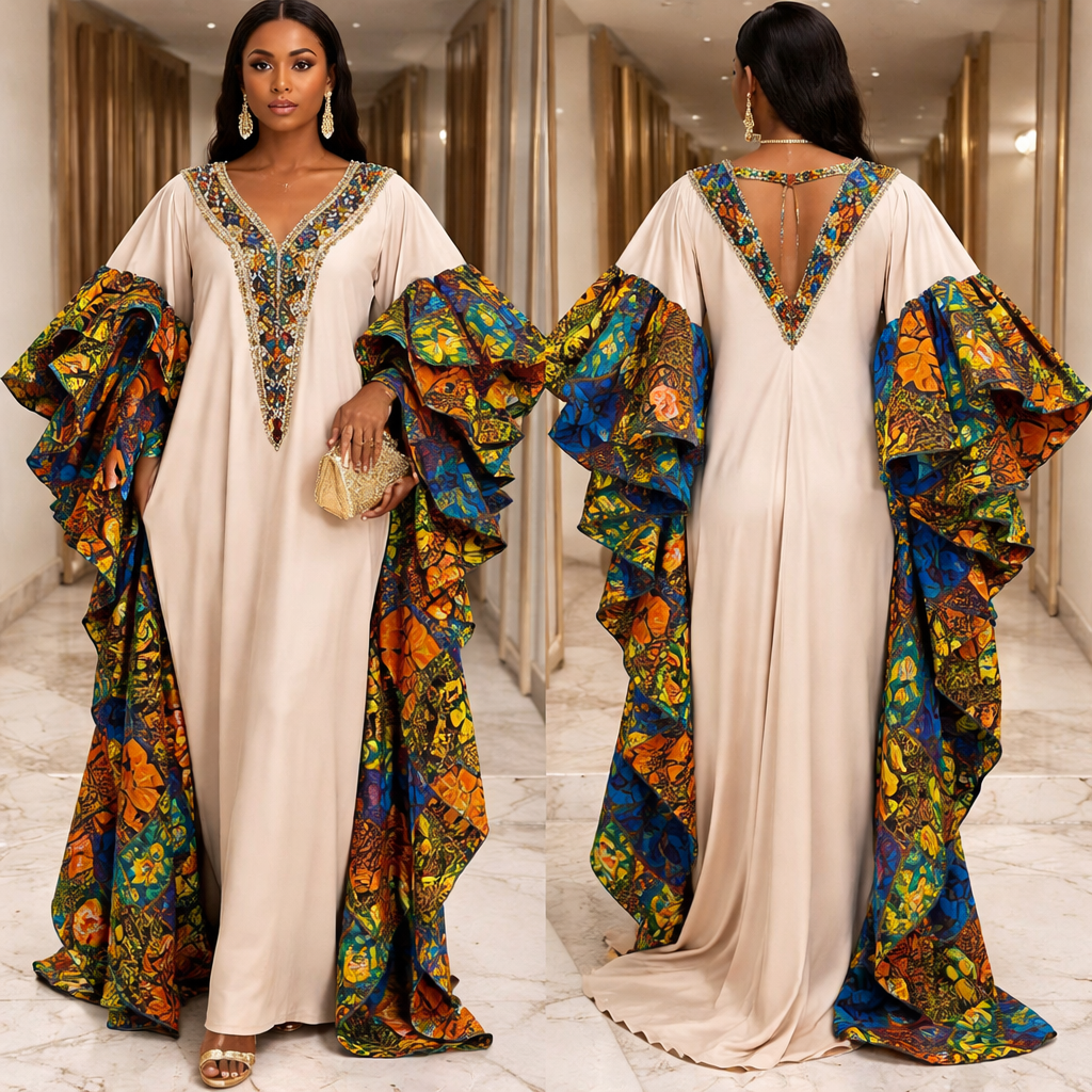 I need a bubu gown with dramatic hands that is mixed with 60% plain nude material and 40% Ankara materials, it should be a one fit size
I need a bubu gown with dramatic hands that is mixed with 60% plain nude material and 40% Ankara materials, it should be a one fit size, elegant style, show front and back