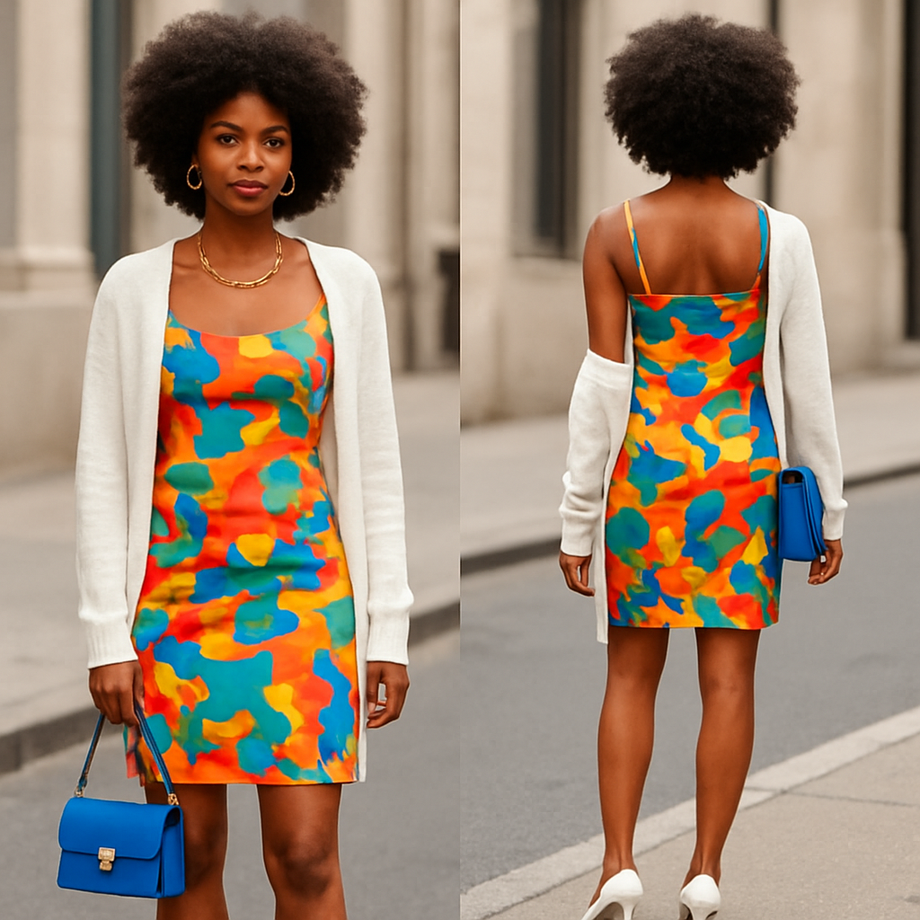 Black woman
Afro
Gold jewelry
Colorful sundress fitted
White cardigan white heels
Blue purse
Black woman
Afro
Gold jewelry
Colorful sundress fitted
White cardigan white heels
Blue purse
, streetwear style, show front and back