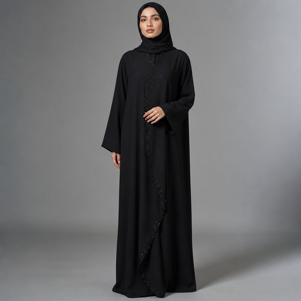 7. All-black abaya with a subtle asymmetric front panel, delicate black lace trim along one edge, scattered clear rhinestones, straight comfortable silhouette, modern luxury, not flared.
photorealistic fashion design, 7. All-black abaya with a subtle asymmetric front panel, delicate black lace trim along one edge, scattered clear rhinestones, straight comfortable silhouette, modern luxury, not flared., just the design no text